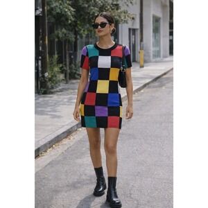 STAUD Colorblock Checkerboard Knit Mini Dress Womens Size S Multicolor Excellent